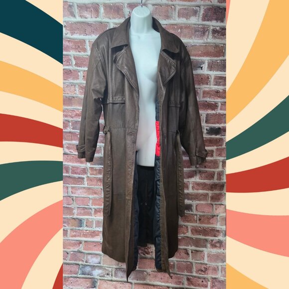 Pelle Cuir Leather Coat M | Vintage 80s Brown Double Breasted Trench - Picture 2 of 9